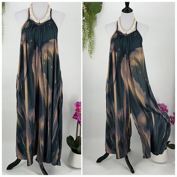 Kahakai ~ Teal Blue Purple Gray Tan Scoop Neck Plunge Back Overall Romper - Picture 3 of 15